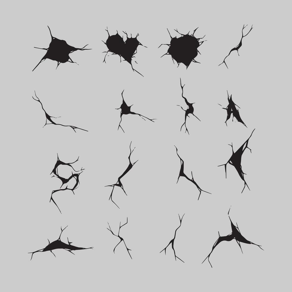 A collection of diverse black crack and fracture graphic elements on a light gray background, showcasing various shapes and sizes of damage. vector