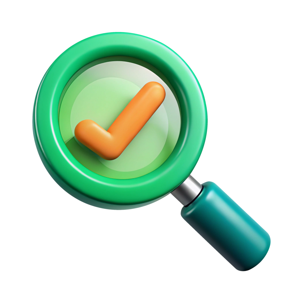 A 3d rendering of a green check mark inside a magnifying glass, symbolizing search, validation, and confirmation isolated on transparent background png