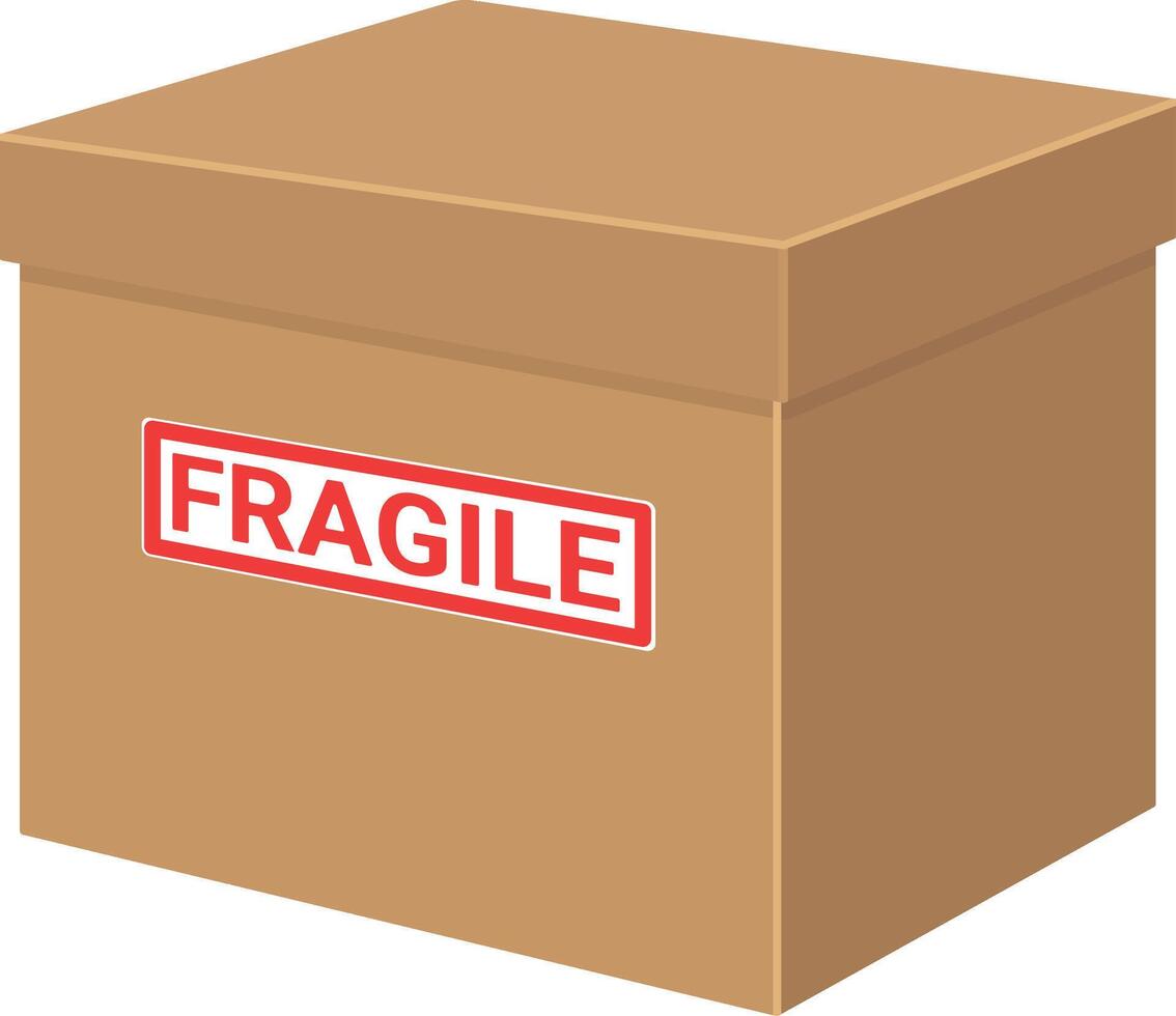 Cardboard box with lid and red fragile sign on the front side, isolated without background. vector