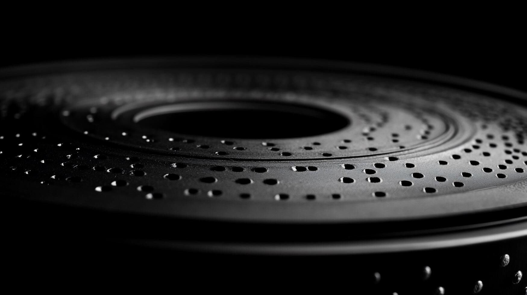 Closeup of a dark, circular metal object with numerous small holes, exhibiting a textured surface and subtle depth of field. photo