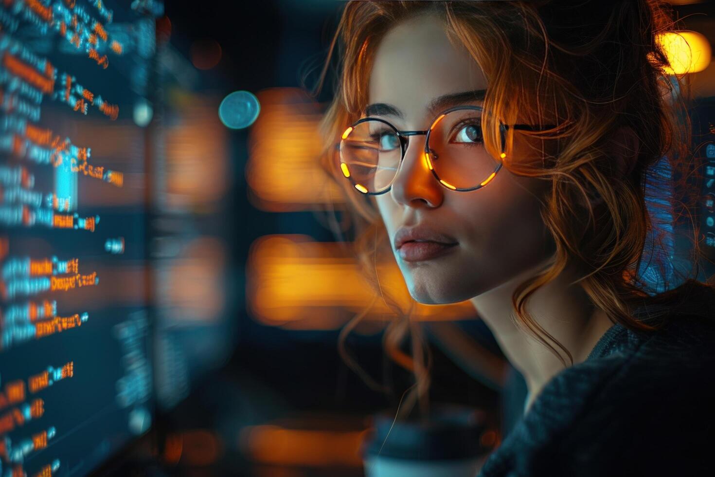 Woman coding on computer screen with artificial intelligence photo