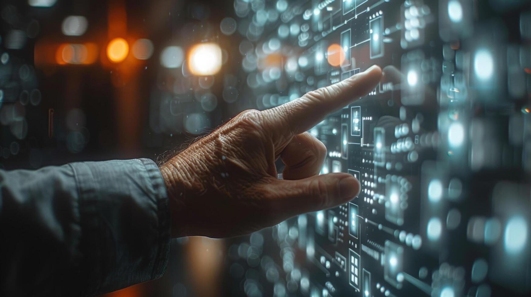 A hand points to an interactive digital display filled with data and icons. photo