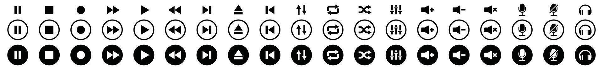 Play button music media player icons set. Multimedia control. Contains start, play, stop, pause, previous, next, shuffle, repeat, record, mic, volume, headphone, equalizer. Illustration vector