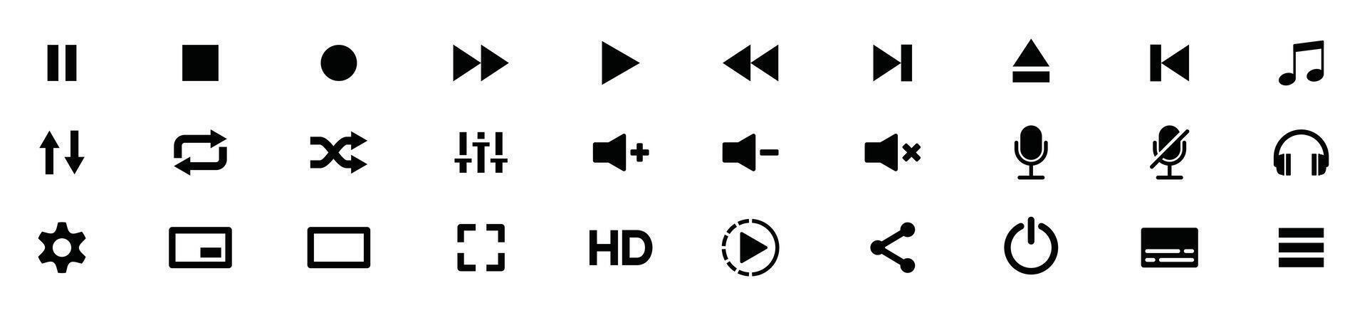 Play button icons. Music media player. Multimedia control. Contains start, play, stop, pause, previous, next, shuffle, repeat, record, mic, volume, headphone, equalizer. Illustration vector