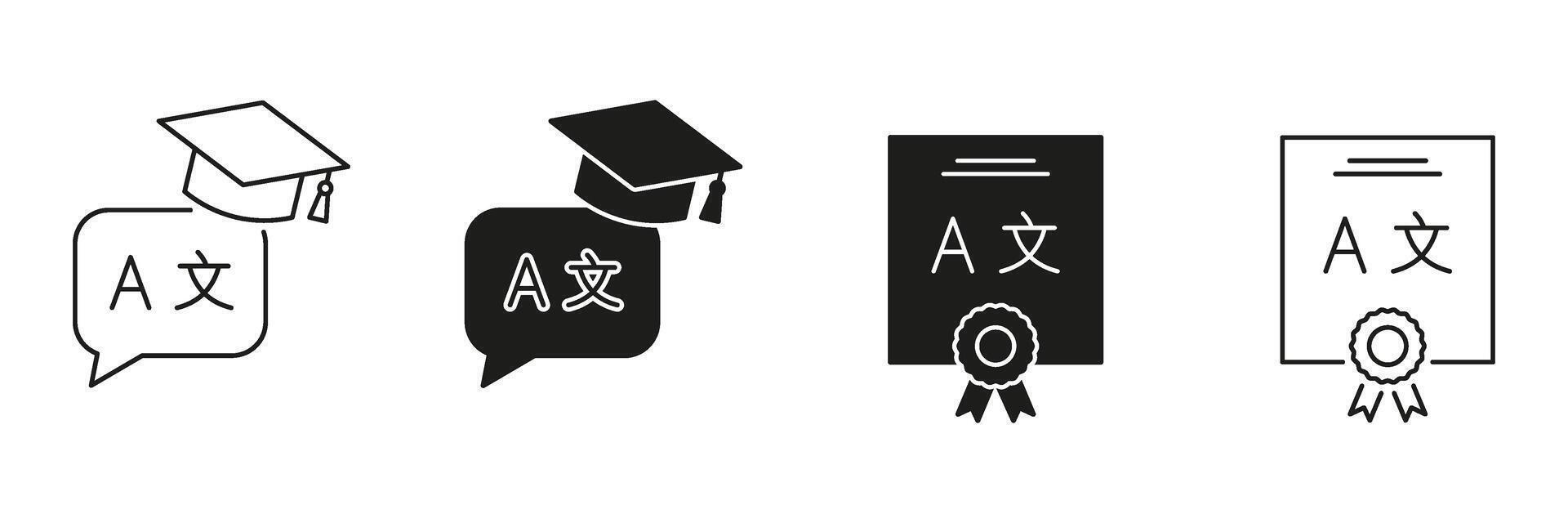 Graduation Cap And Language Certificate Line And Solid Icon Set. Language Learning, Translation, Certification Symbol Collection. Education And Multilingual Proficiency. Isolated Illustration vector