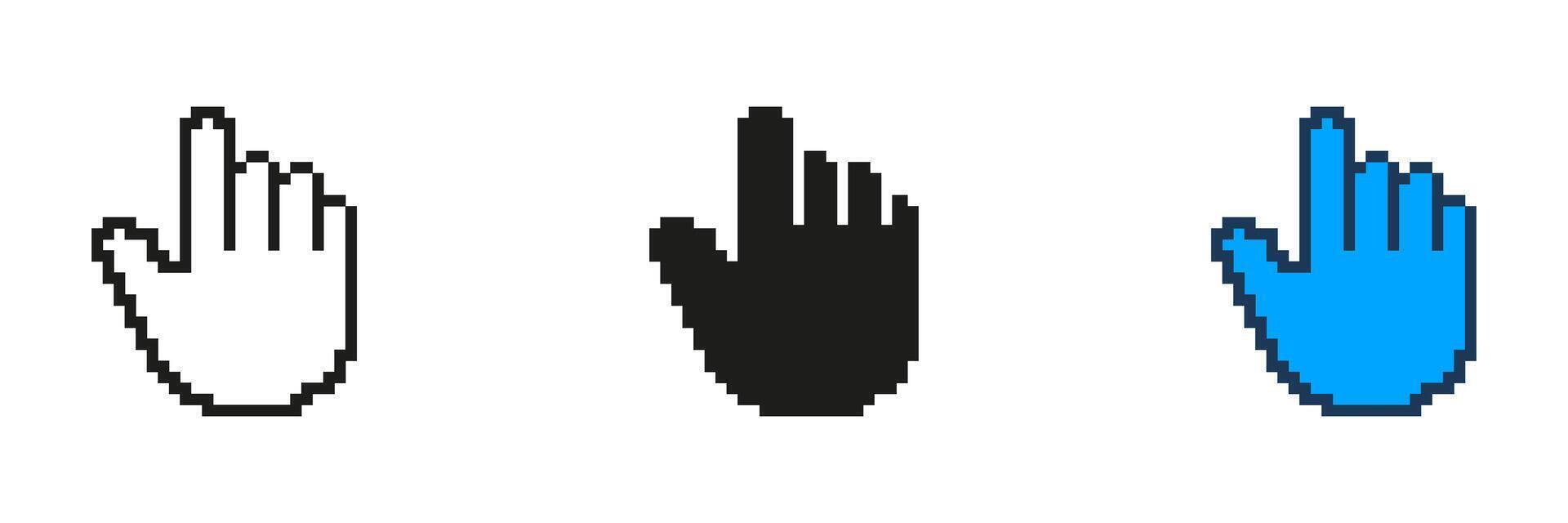 Pixelated Hand Icon Set. Selection Gesture in Pixel Art Style. Pointer Control in Digital Interfaces. Isolated Illustration vector