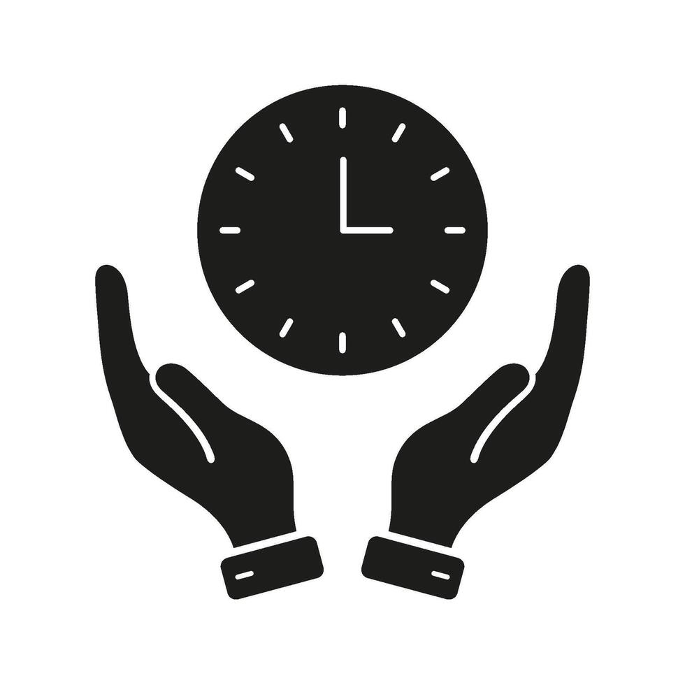 Hands Holding Clock Solid Icon. Time Management, Efficiency, And Productivity Silhouette Symbol. Prioritization And Scheduling Concept. Isolated Illustration vector
