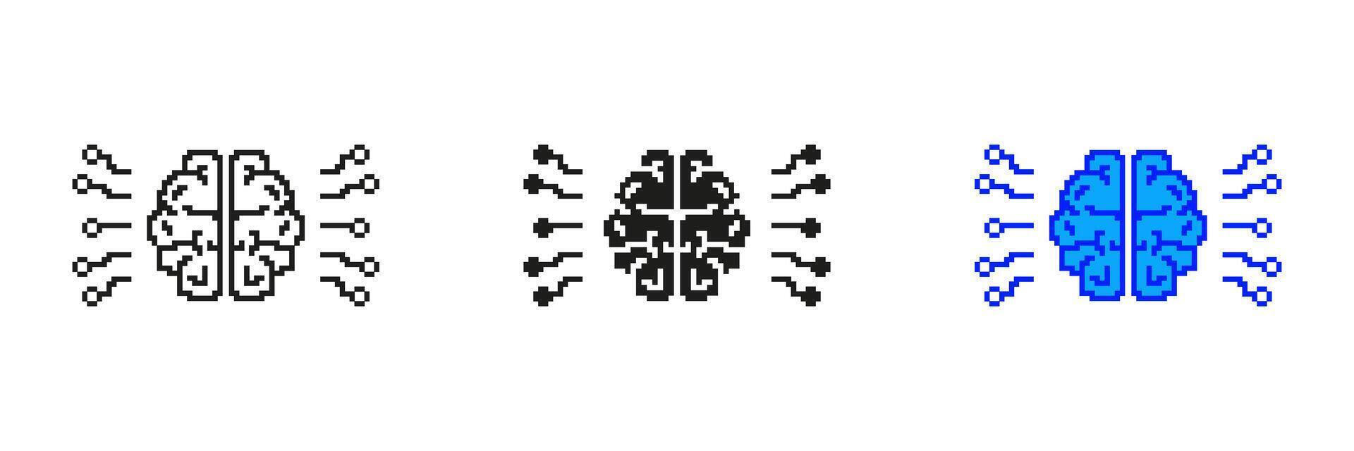 Pixelated Brain Icon Set with Neural Connections. Digital Brain and Data Flow Symbol in Pixel Art Style. Neural Network and Intelligence Symbol. Isolated Illustration vector