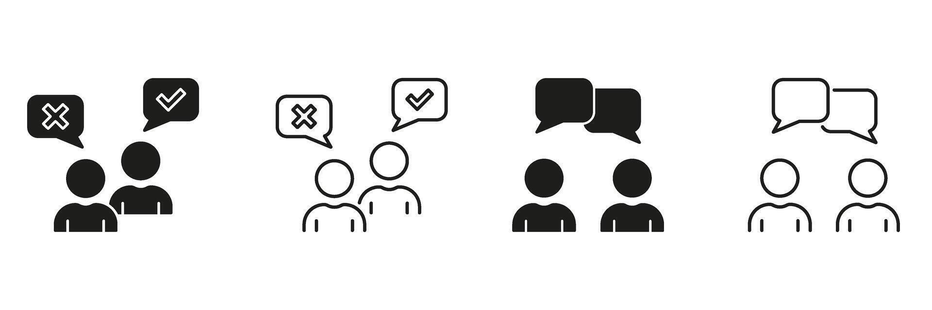 Two-Person Communication Line And Solid Icon Set. Dialogue, Agreement, And Disagreement Symbol Collection. Speech Bubbles With Check And Cross Marks. Isolated Illustration vector