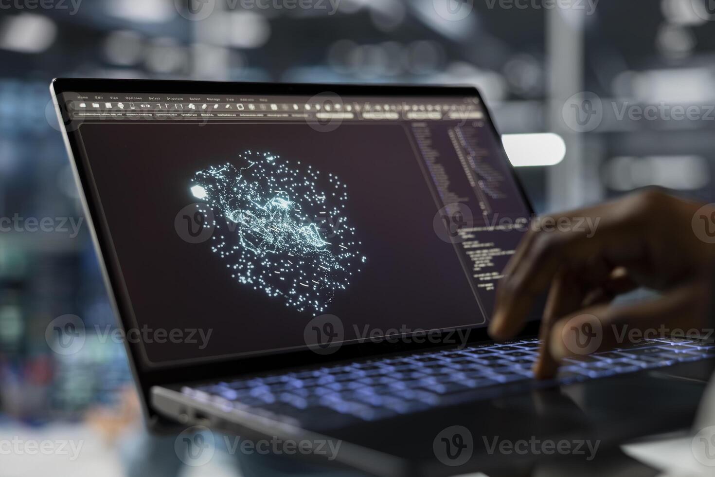 Close up of data center technician using laptop, running AI forecasting simulations, tracking performance. Server hub IT specialist uses notebook to integrate artificial intelligence API into software photo