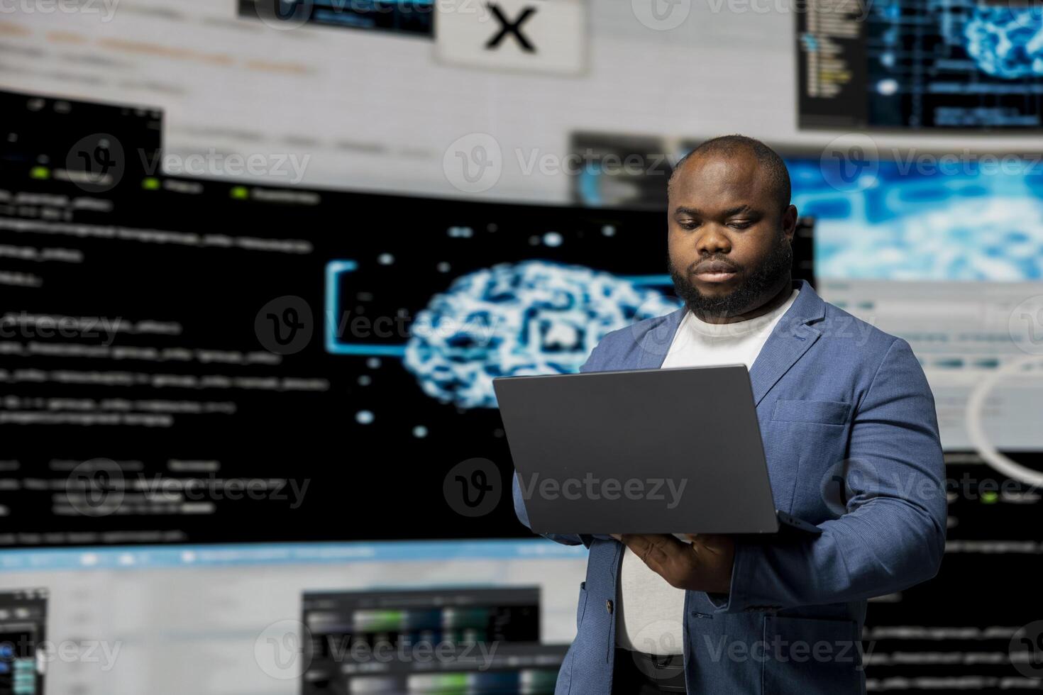 African american professional engineer programming for innovation hub, reviewing big data and binary code on the dashboard. IT developer working on programming language algorithm. photo
