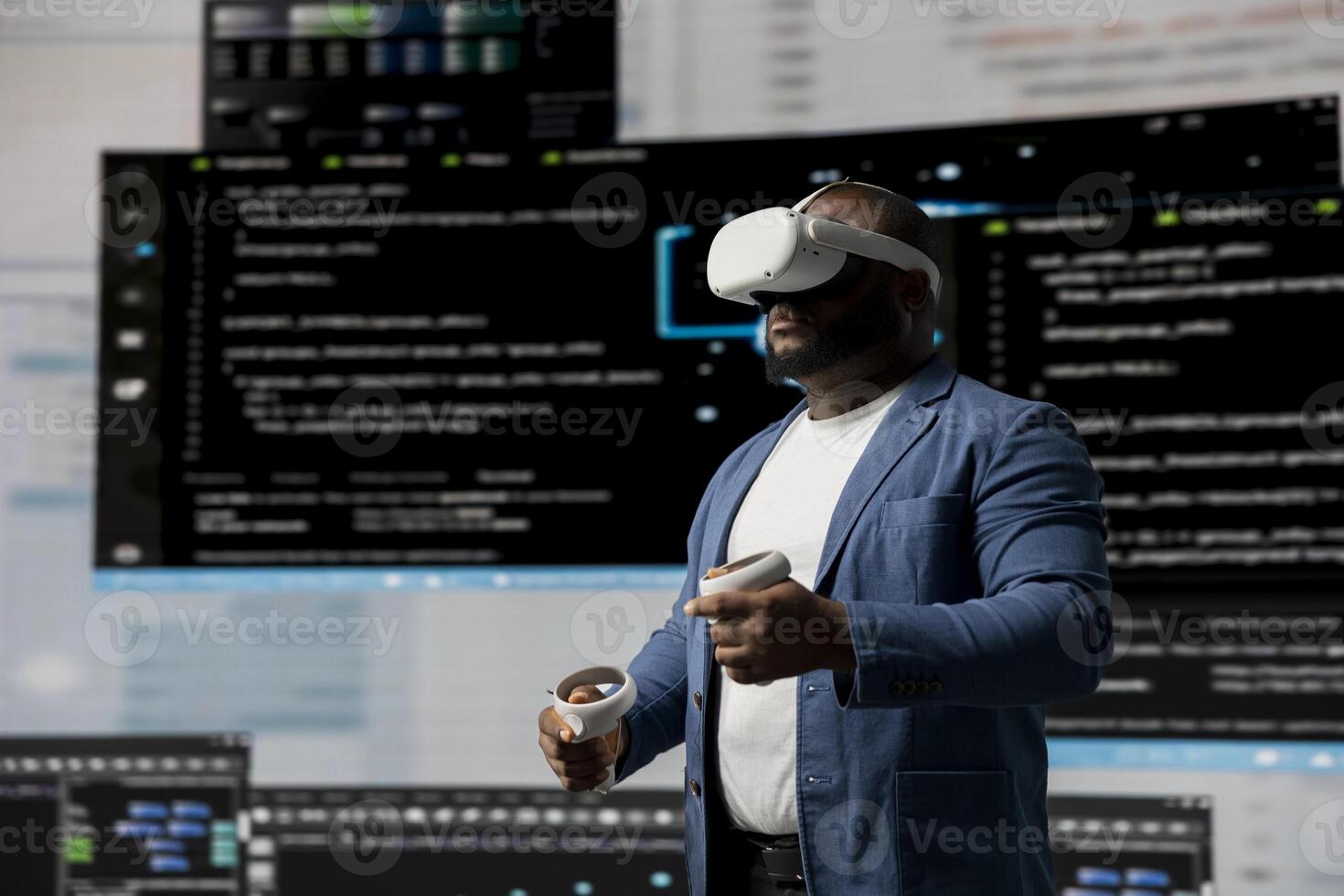 Black professional engineer engaging in virtual reality with glasses, focusing on system development. Utilizing code on terminal window to debug and design new software. IT career. photo
