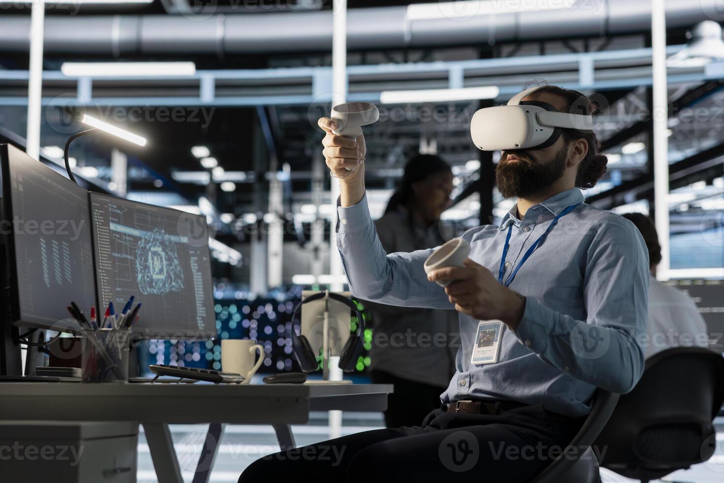 Data center worker wearing VR headset using artificial intelligence neural networks technology. Server farm software developer using AI programming language and virtual reality to update hardware photo