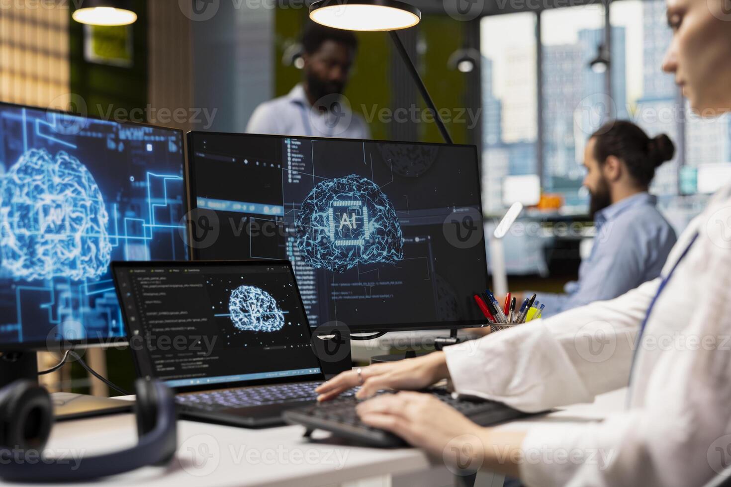 Admin using devices to adjust neural networks algorithms parameters, automating workflow. Tech company worker using artificial intelligence insights for code optimization in office photo