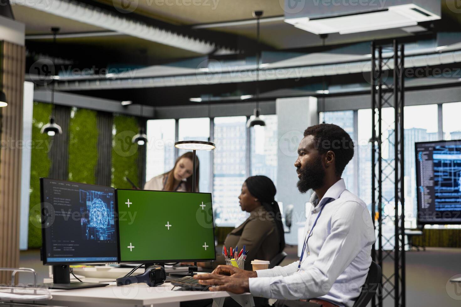 Admin using mockup PC to adjust machine learning algorithms parameters, automating workflow. Tech company worker using AI insights for code optimization on green screen computer photo