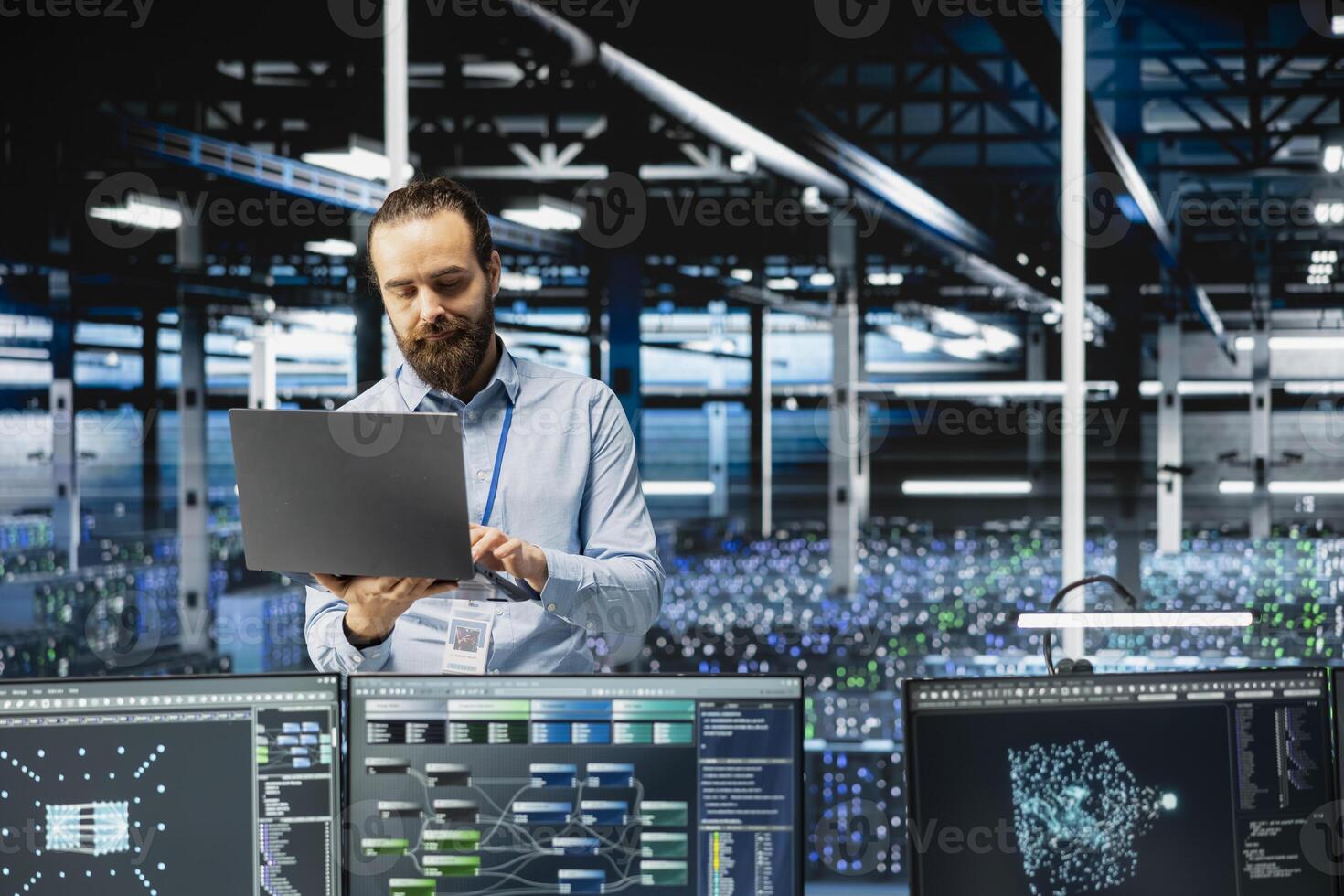 Engineer in data center configuring hardware specifically optimized for AI tasks, increasing workloads. Server farm IT expert automating system diagnostics using machine learning predictions photo