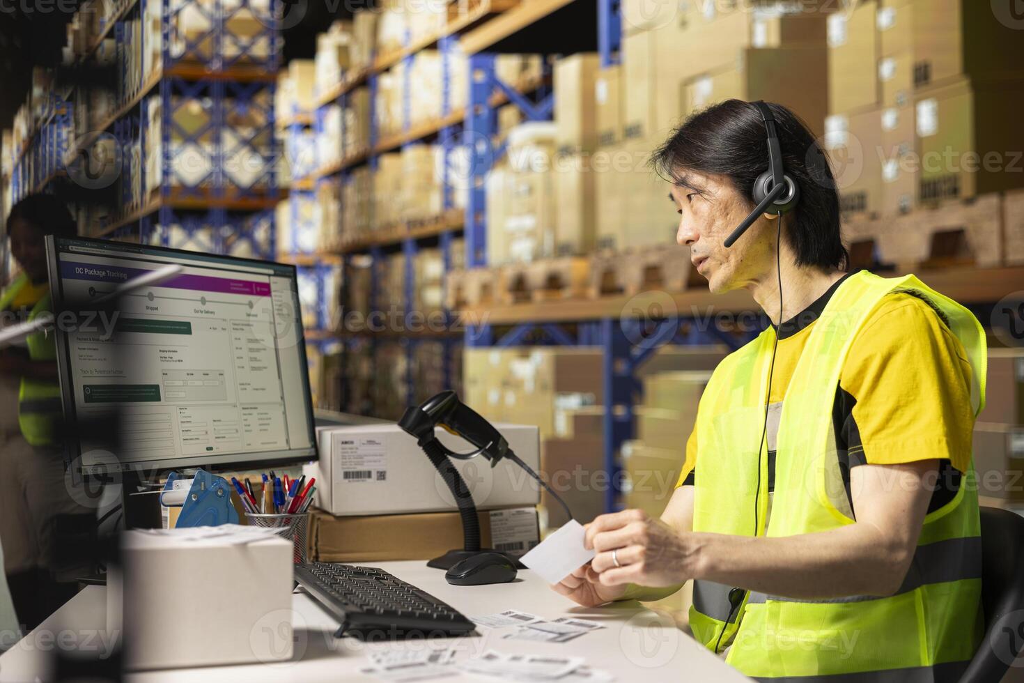 Call center employee assisting customers in a fulfillment center, handling inventory control and package tracking. Asian man resolving issues related to delivery delays or wrong addresses. photo