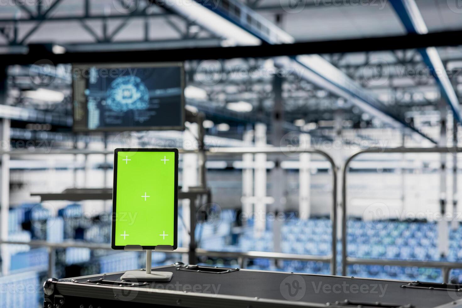 Green screen tablet in server farm with neural networks tech detecting data patterns. Chroma key notebook in data center with hardware built for artificial intelligence prediction models photo