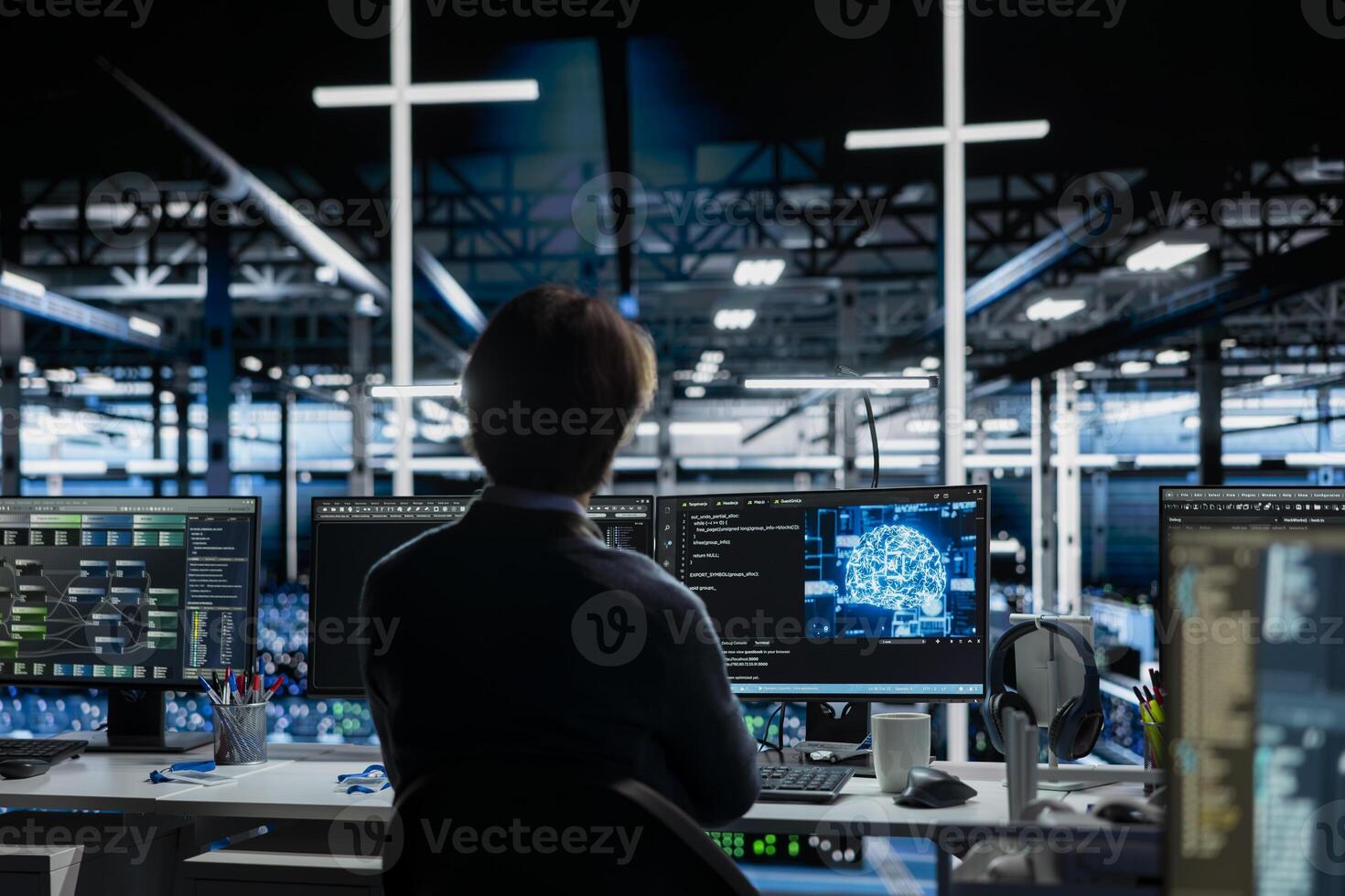 Server room IT worker deploying AI tools to automate repetitive workflows. Data center programmer managing large datasets used in AI training procedures to streamline tasks photo