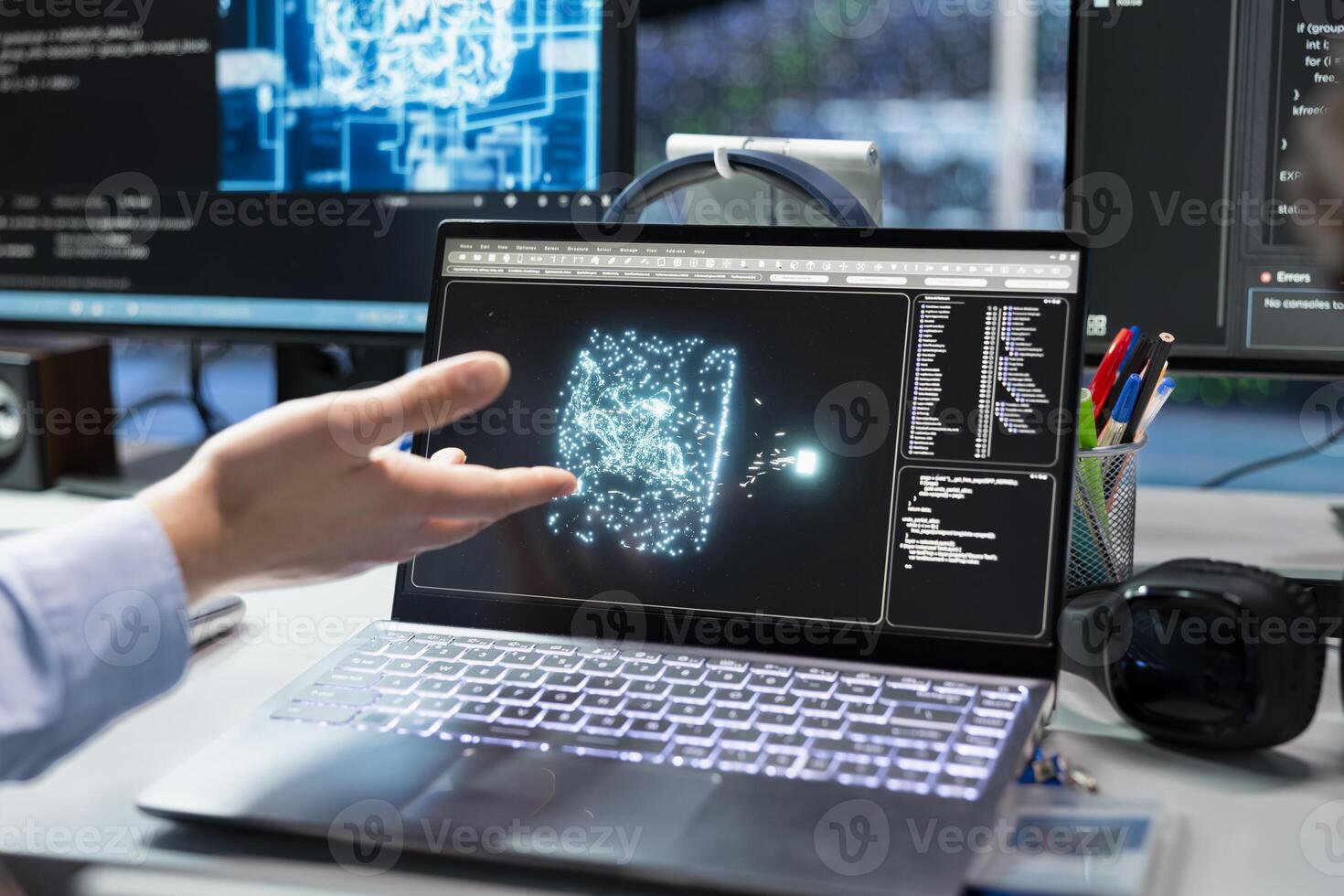 Close up of admin in data center troubleshoots rigs connectivity issues using deep learning tech on laptop. IT professional using notebook in server hub, auditing systems for vulnerabilities using AI photo