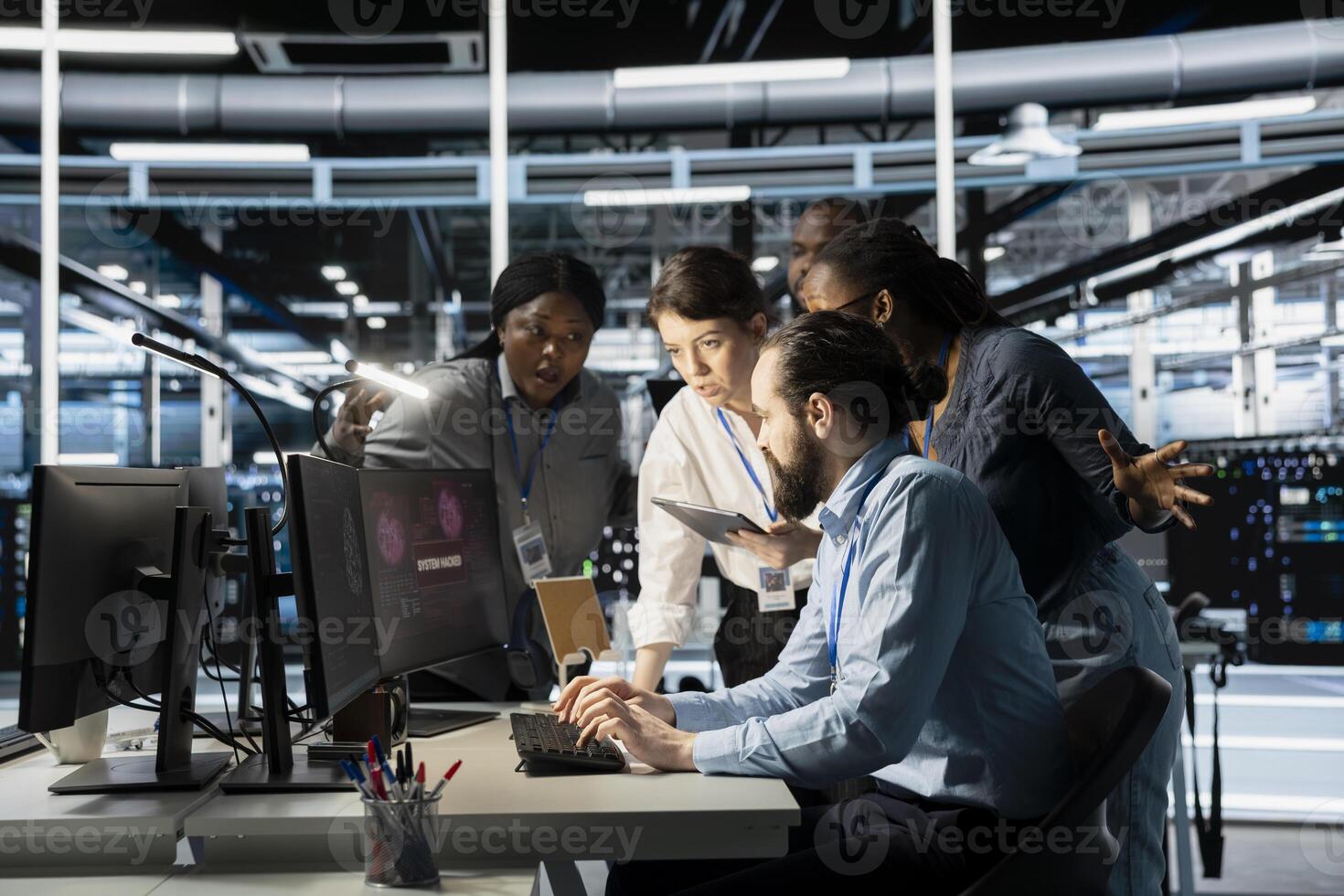Engineers reviewing AI systems alerts after detecting irregular network activity patterns. IT team evaluating flagged events using artificial intelligence threat detection tools photo