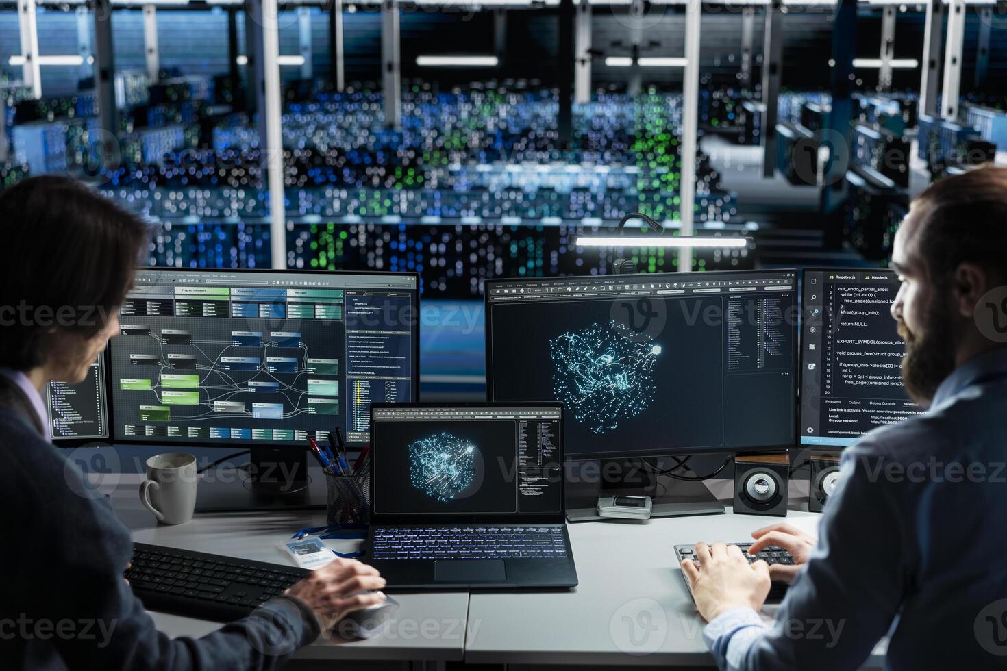 Data center technicians monitoring AI applications, adjusting machine learning parameters. Teamworking server hub workers collaborating, enhancing artificial intelligence software performance photo