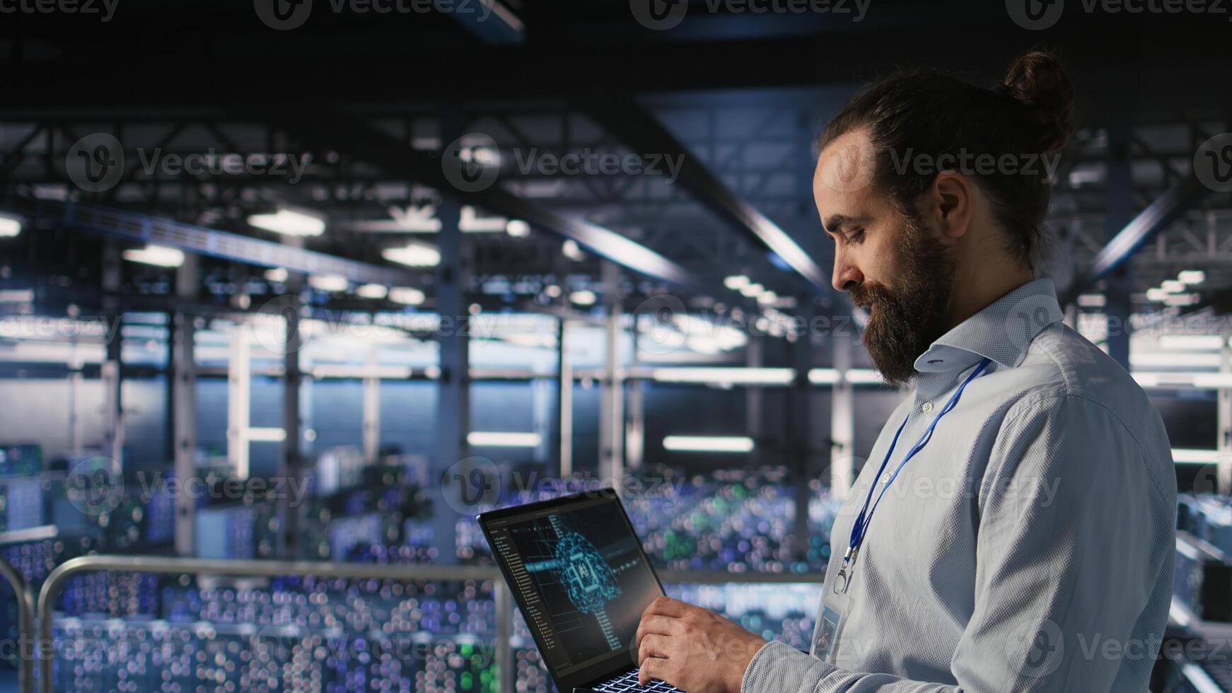 Technician holding laptop walking on server farm platform, doing AI machine learning automatization. Data center programmer using notebook, doing maintenance using artificial intelligence, photo