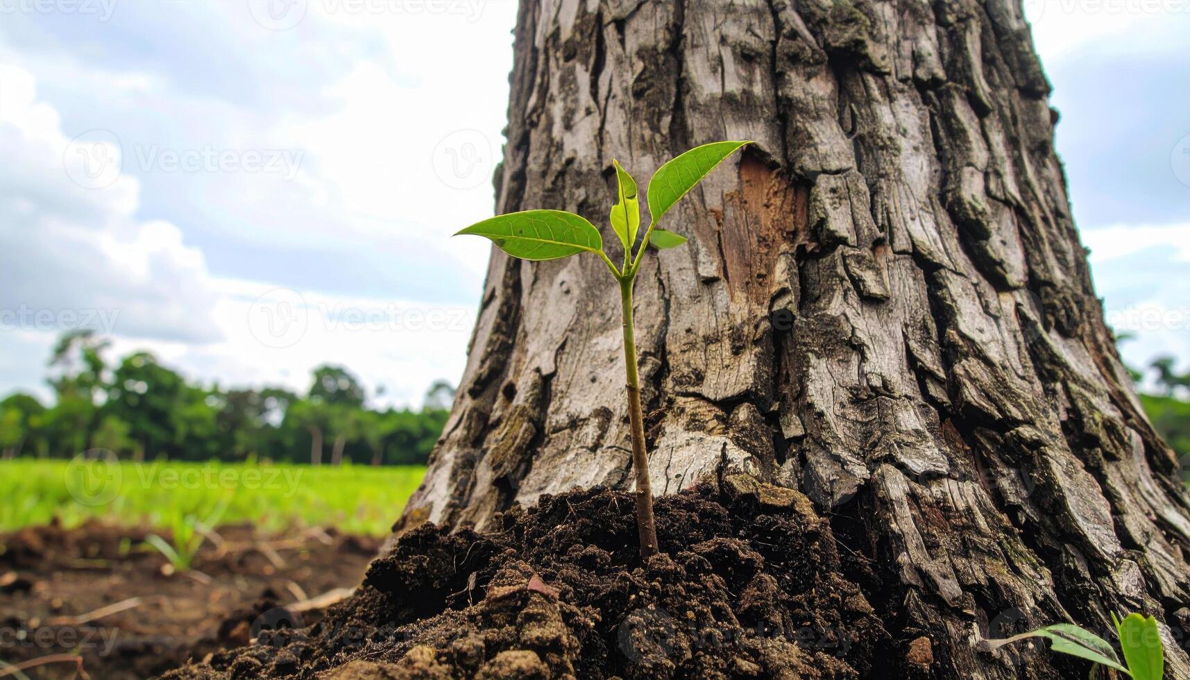 New Life Sprouting - Tiny Sapling Emerging from Old Tree Stump in Lush Field. photo