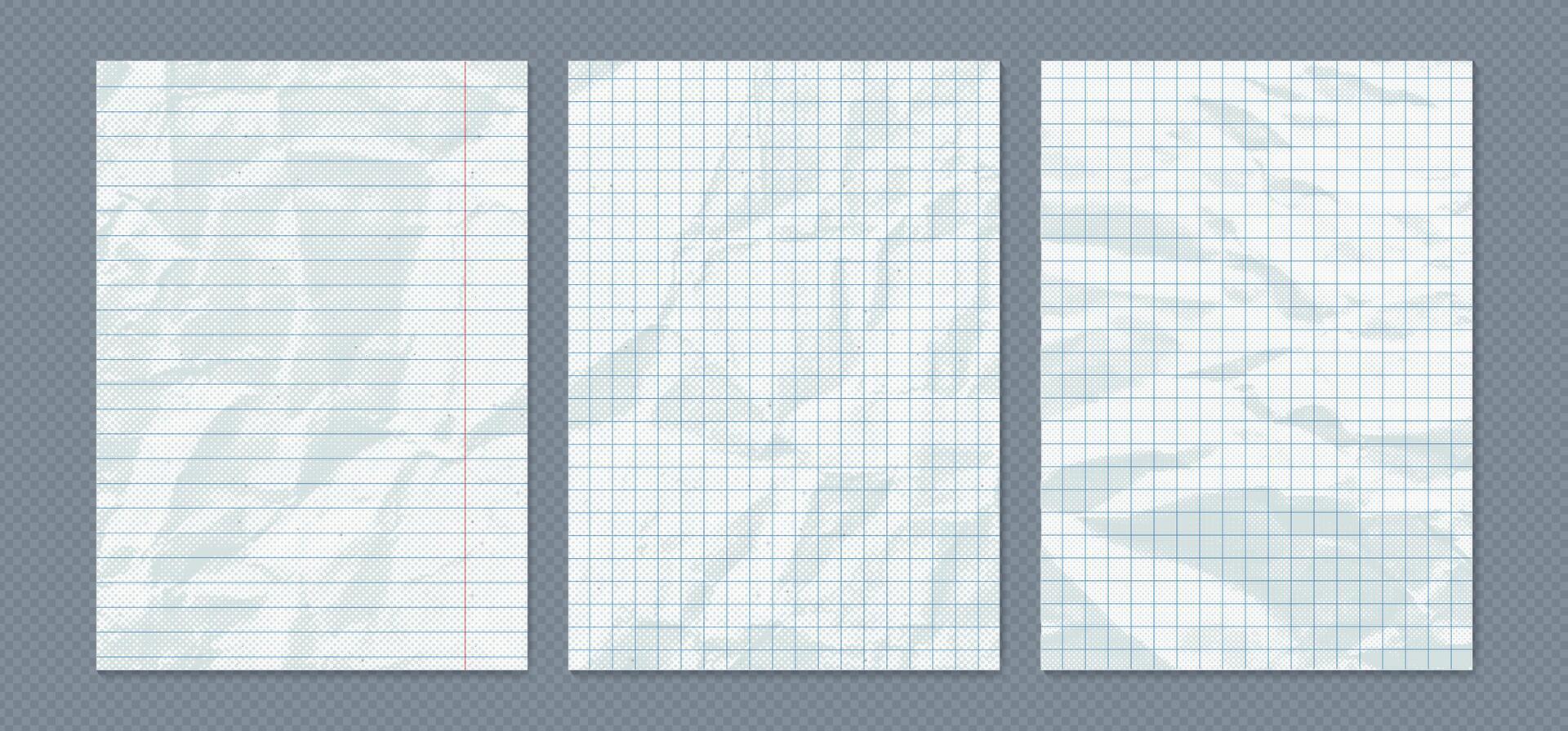 Crumpled notebook paper sheets set. realistic illustration of blank white checkered and lined pieces with crumpled wrinkled texture, memory notes, message notepaper. Halftone effect vector