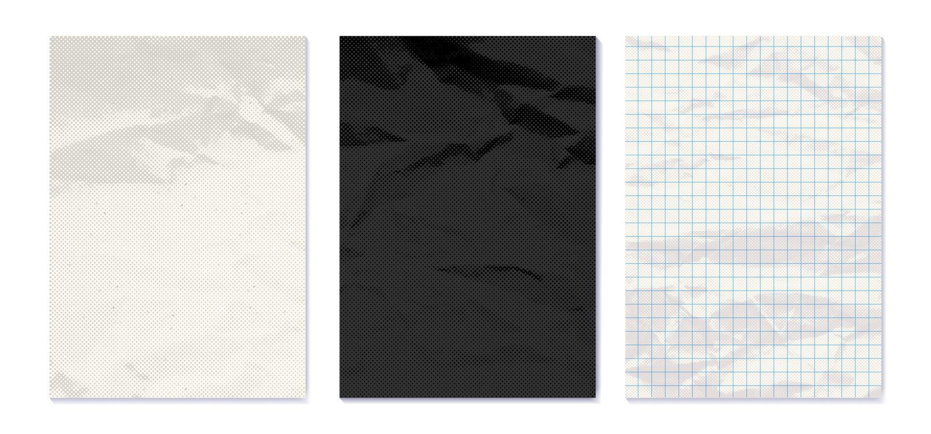 Paper sheets set with wrinkles. Realistic illustration collection of empty white, black and checkered pages with crumpled effect. Design mockup of blank sheet with crease. Halftone texture vector