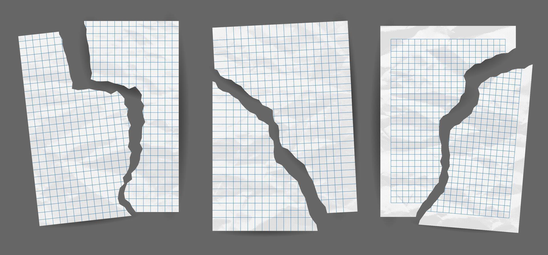 Crumpled notebook sheets torn in half. White ripped and crumpled notes and scraps with torn edges isolated on gray background. Blank paper pages pieces, realistic illustration vector
