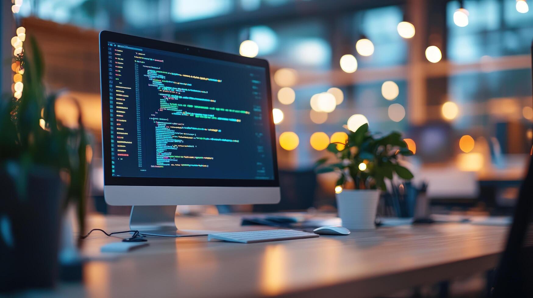 A computer monitor displaying code in a modern office setting. photo