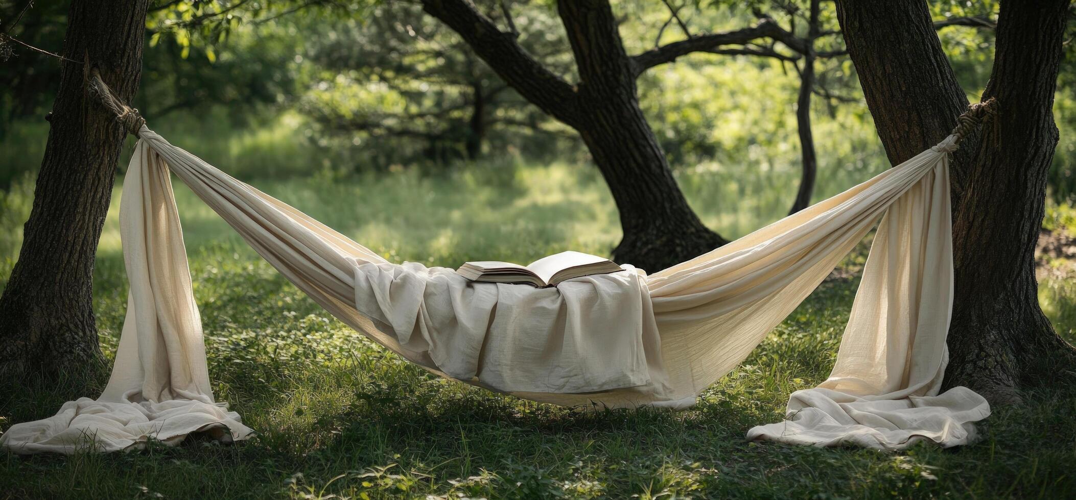 A hammock strung between two trees in a forest with an open book in the middle. photo