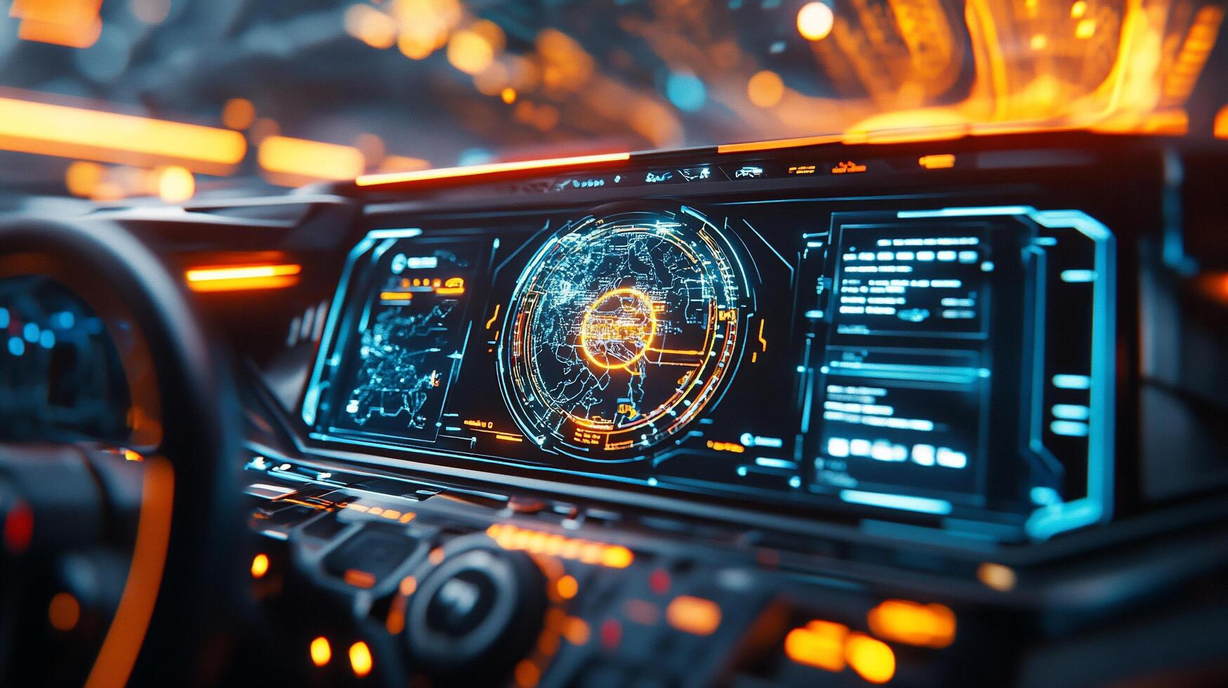 Futuristic car dashboard with a holographic display showing a navigation map and other data. photo