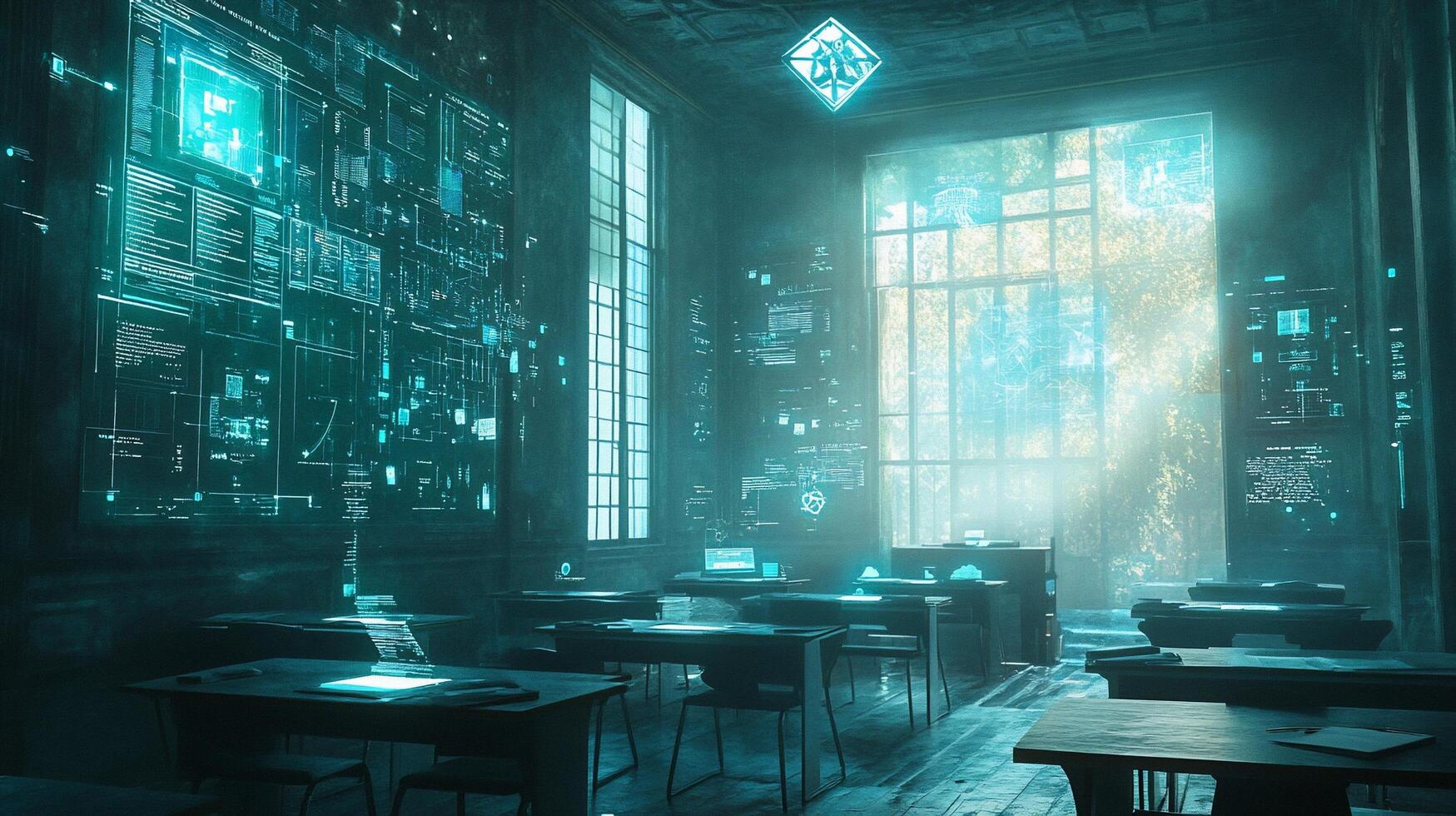 Futuristic classroom with glowing screens and data visualizations, sunlight streaming through window. photo