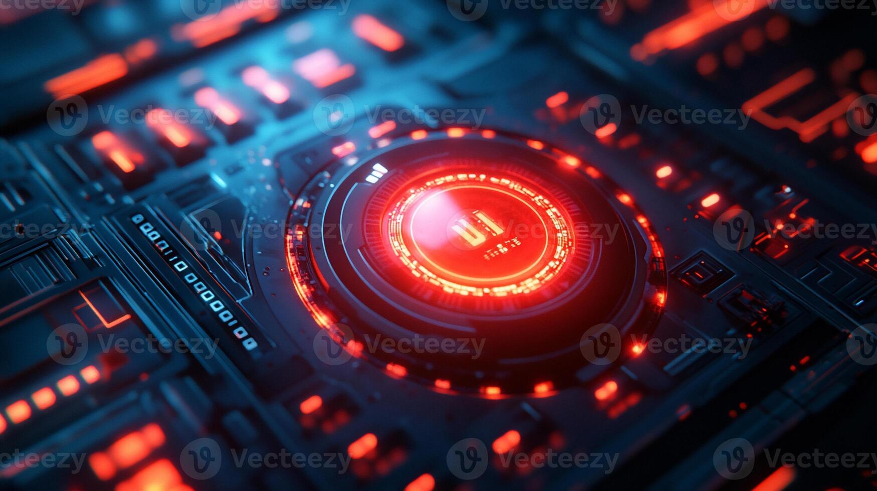 Futuristic interface with glowing red and blue elements, displaying a digital countdown timer. photo