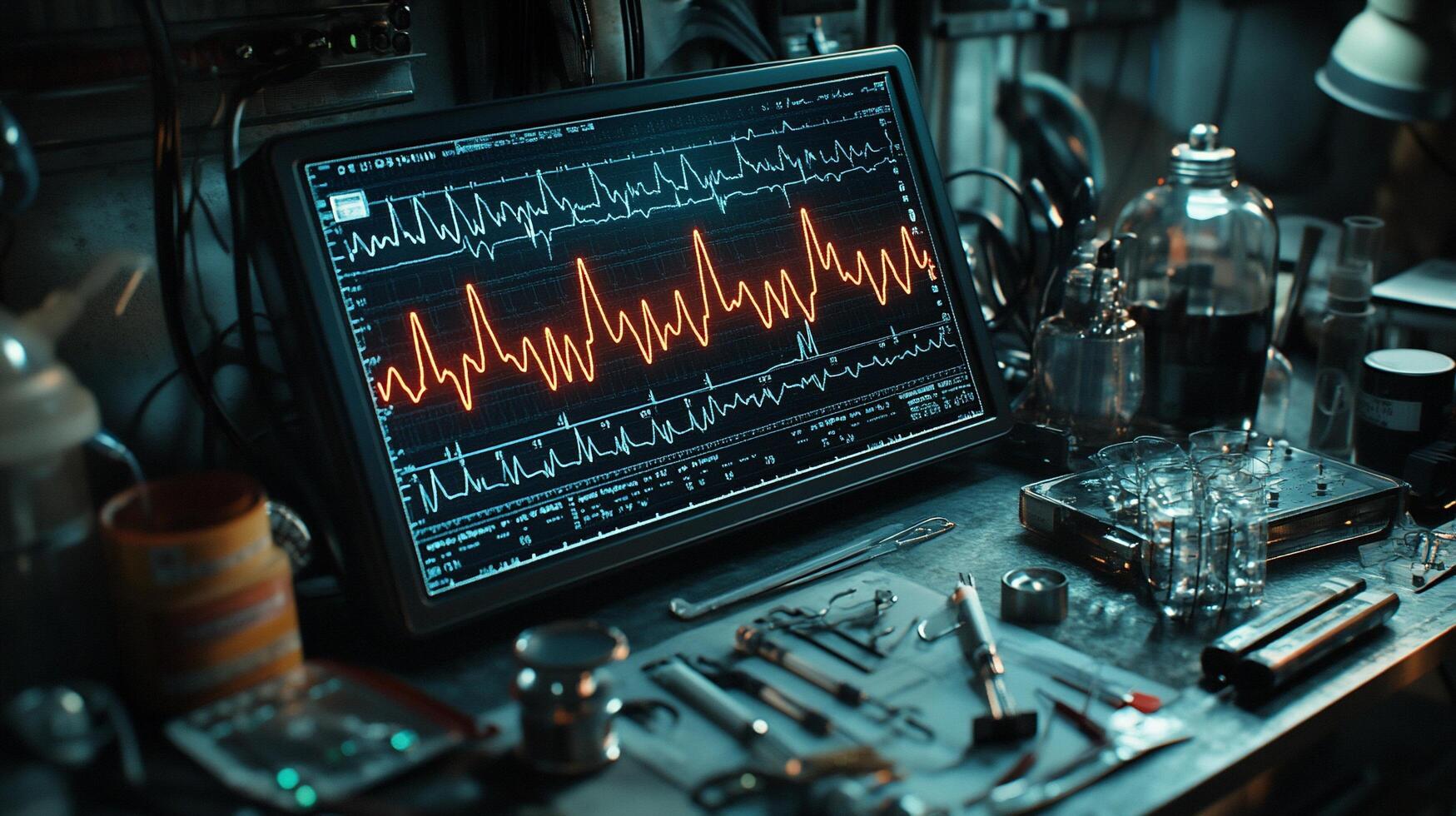 A computer screen displays a heart rate monitor graph in a dimly lit laboratory setting. Surrounding the computer are various scientific instruments and equipment. photo