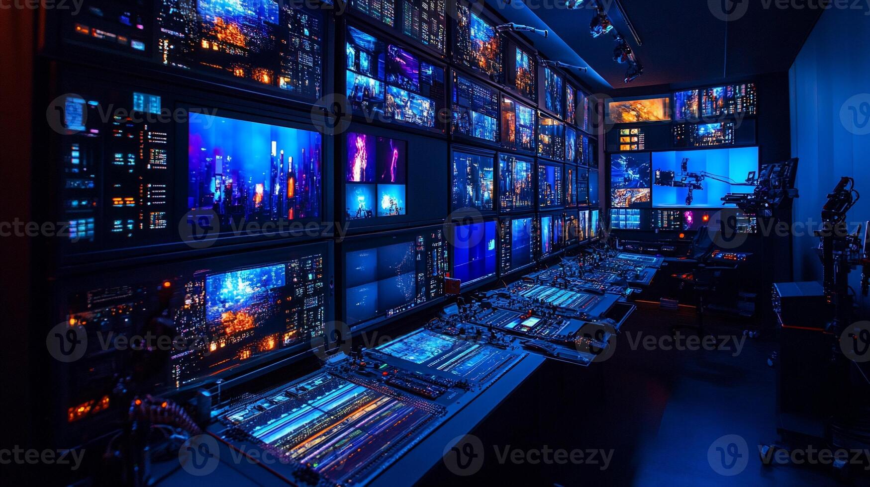 Modern editing suite with numerous monitors displaying diverse content and control panels. photo