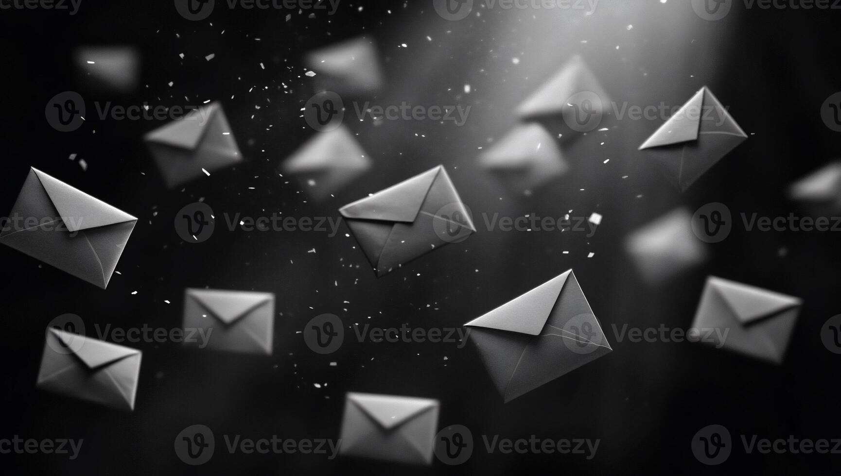 Abstract grayscale image of numerous envelopes floating in dark space, suggesting digital communication or email overload. photo