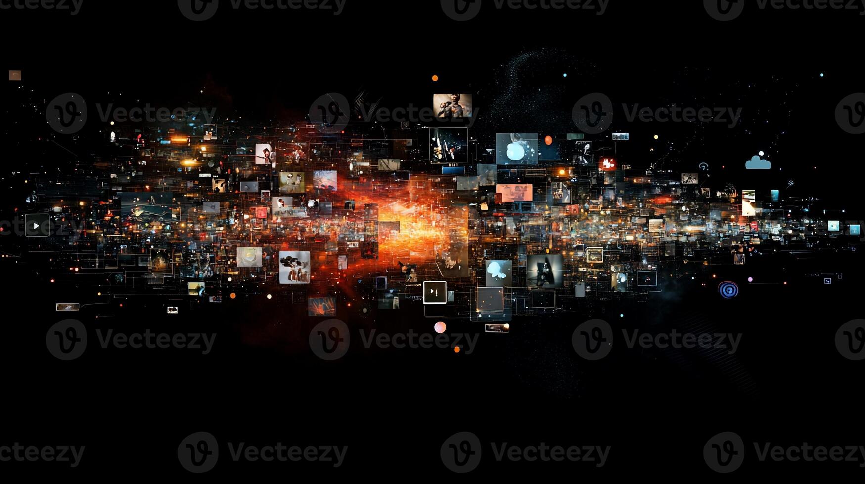 Abstract digital data stream, exploding information, glowing images, cosmic media. photo