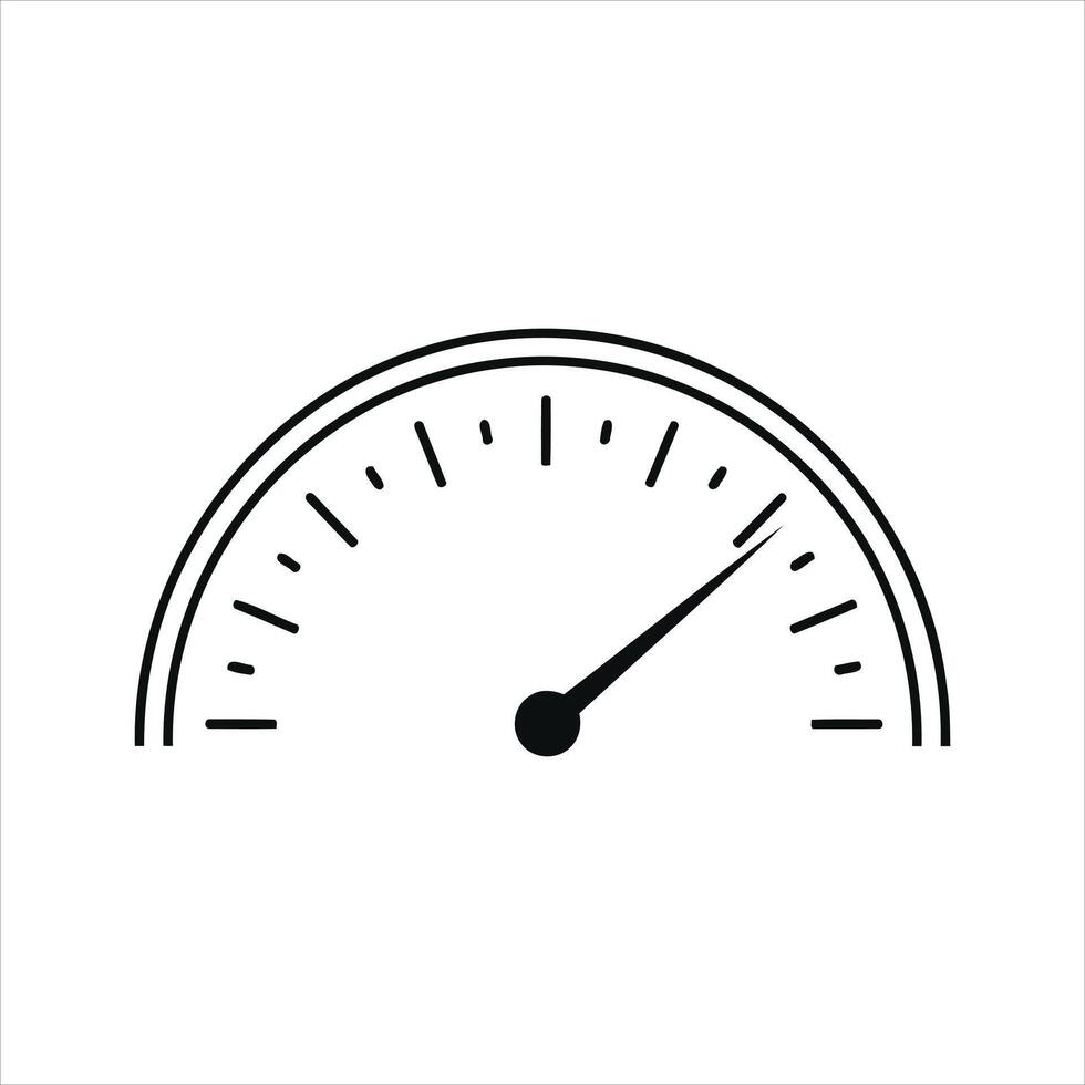 Simple black line drawing of a semicircular speedometer dial with needle abstract gauge vector