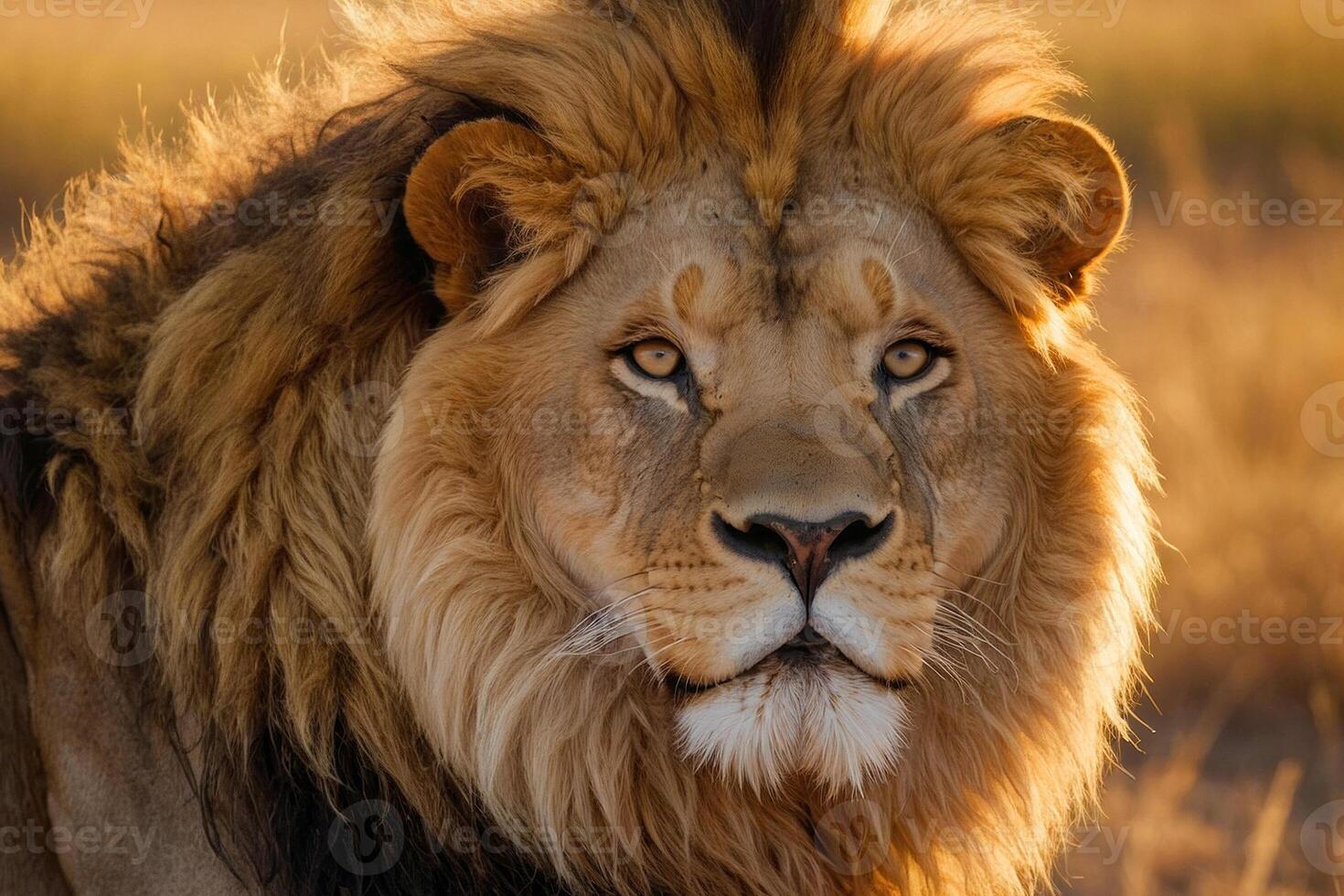 A lion with a long mane and a golden face stands in a field of tall grass. The lion's gaze is fixed on the camera, and it is looking at the viewer photo