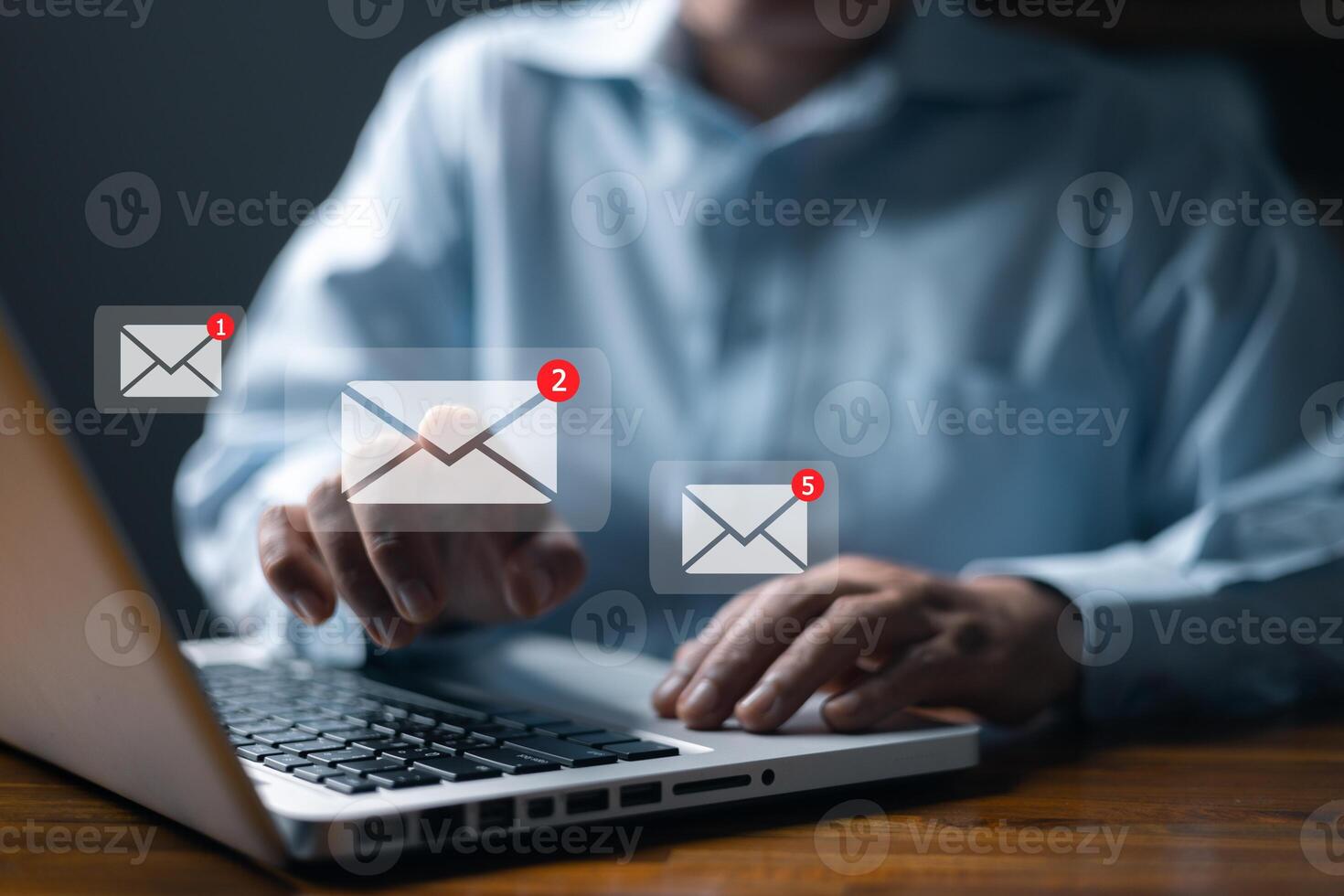 Email marketing concept, person reading e-mail on laptop computer, receive new message. New email notification concept for business e-mail communication and digital marketing. newsletter online. photo
