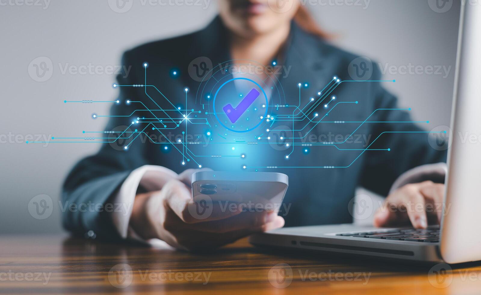 Business checking quality assurance QA or QC management. Service guarantee, validation certificate concept for business process automation, quality assurance management, approved, digital evaluation. photo