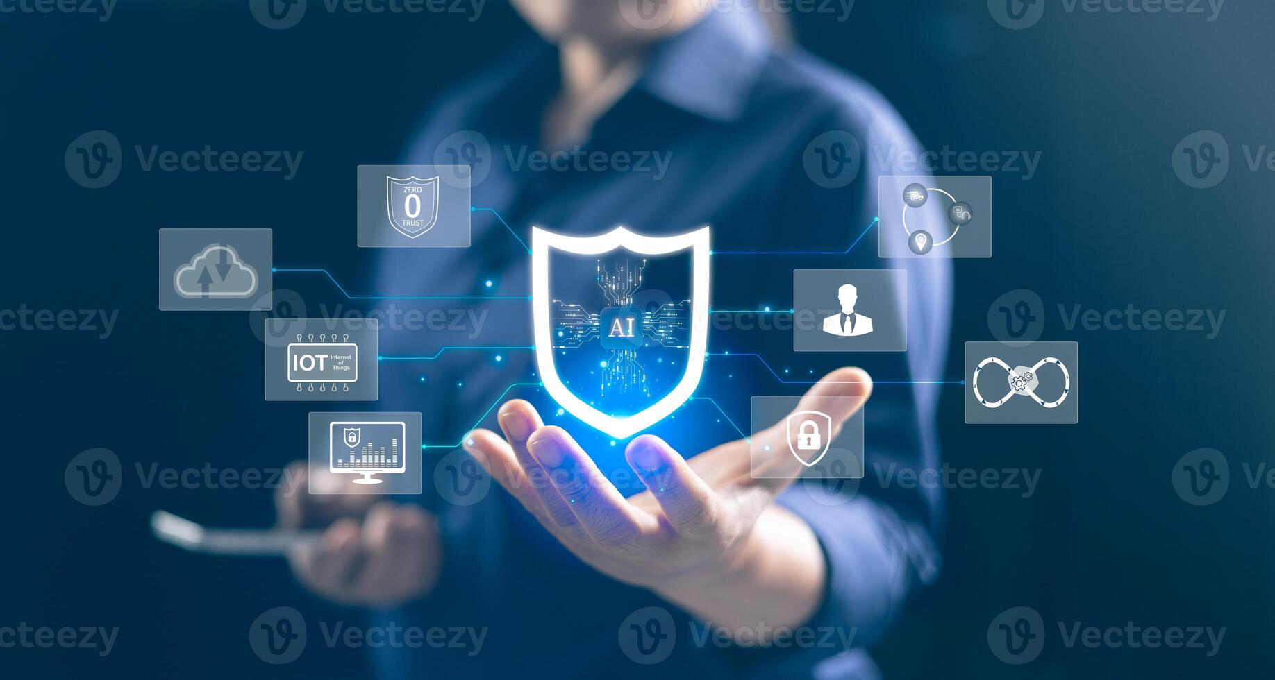 Cybersecurity concept of technology that can be used to detect and respond to threats in real time and automatically. Computer security. Cloud computing. AI, marketing in metaverse photo