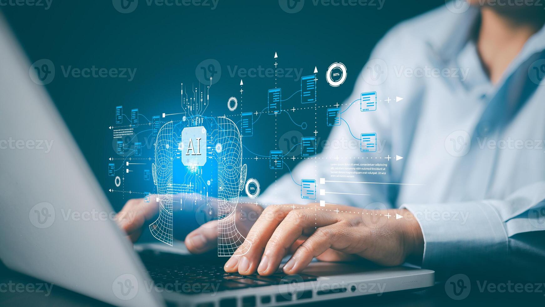 Virtual Intelligence, Ai documents search concept. Online documentation database and document management system. cyber security, digital transformation, finance, document file management, AI chip. photo