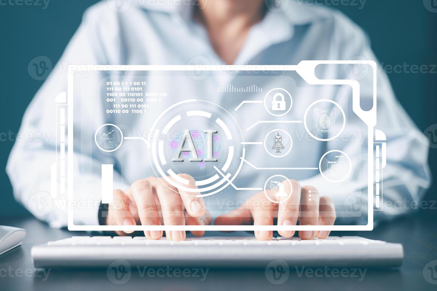 AI with digital brain, predictive analytics, data analysis. Electronic mind. AI, Artificial intelligence innovation. AI adoption and operational support. Neuronet, deep machine learning concept. photo