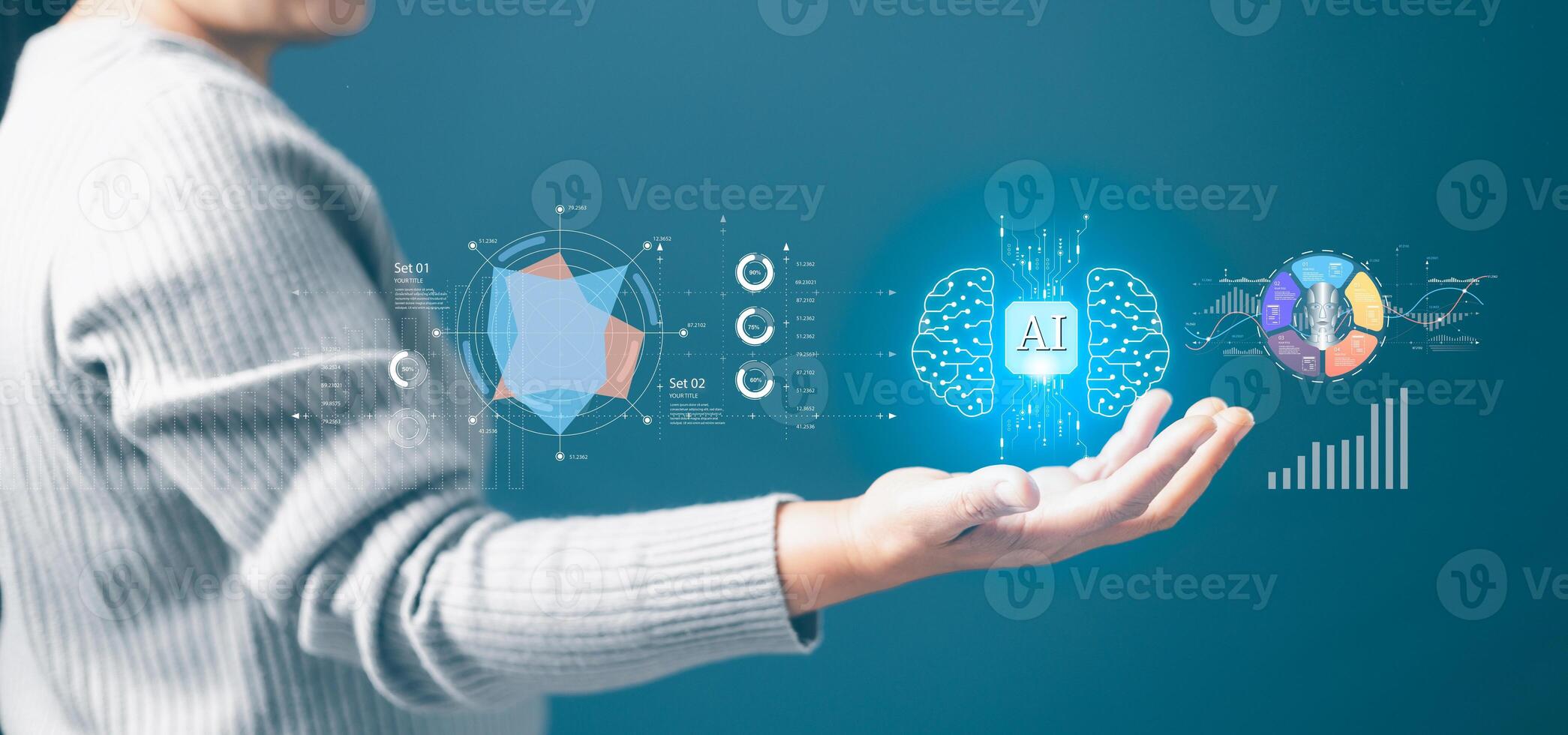 AI, Artificial Intelligence concept. data business analysis and data management system with KPI and metrics connected to the database for technology finance, operations, sales, marketing. photo