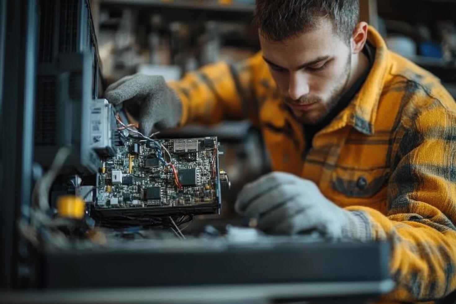 A man working on a computer in a garage photo