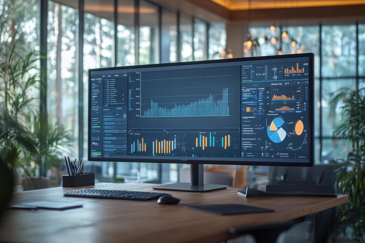 A monitor with graphs on it is sitting on a desk photo
